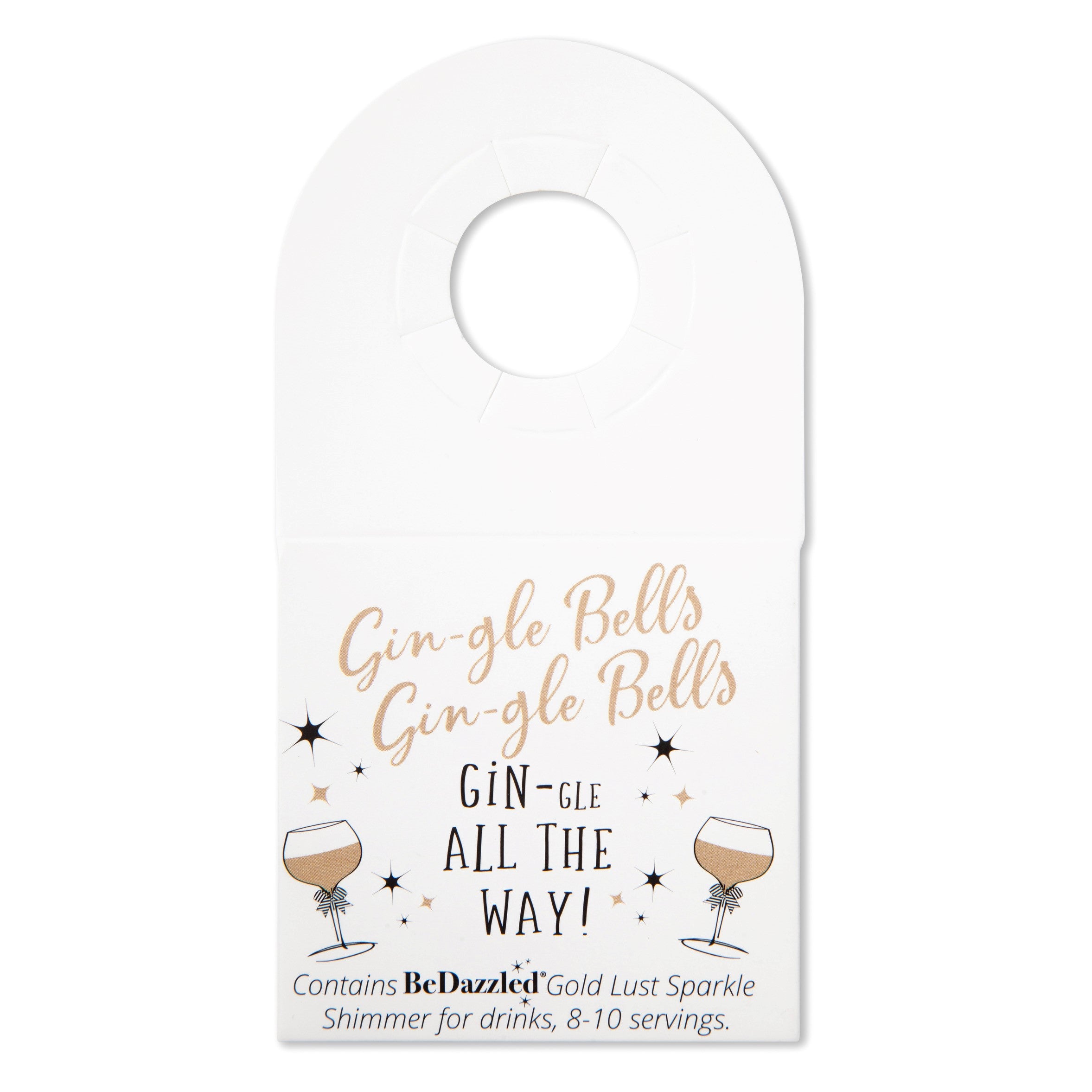 Gingle Bells, Gingle Bells, Gingle all the way! Bottle neck gift tag containing GOLD drinks shimmer