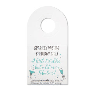 Sparkly Wishes Birthday Girl - bottle neck gift tag AQUA BLUE shimmer