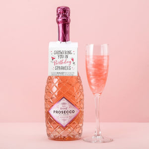 Showering you in Birthday Sparkles - bottle neck gift tag containing PINK CANDY shimmer