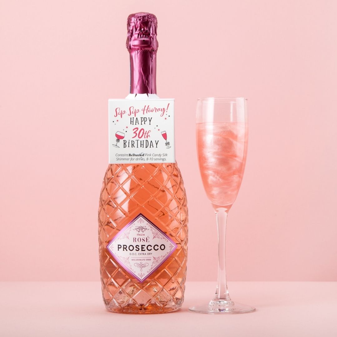 Sip Sip Hooray! Happy 30th Birthday! - bottle neck gift tag containing PINK CANDY shimmer