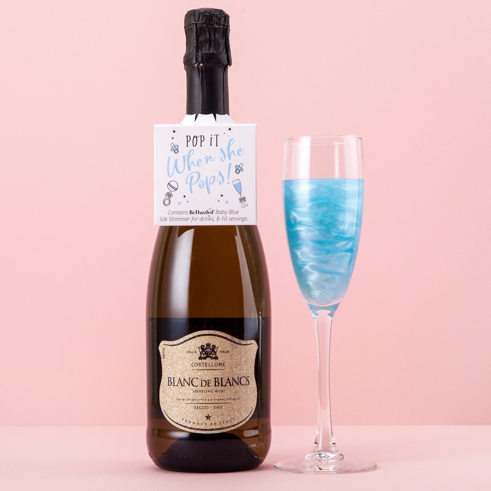 Pop it when she Pops! - bottle neck gift tag containing BABY BLUE shimmer